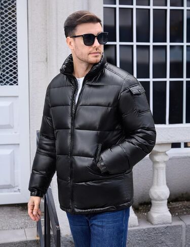 Men's Winter Puffer Jacket - Waterproof Shiny Quilted Coat Warm Thicken Ski Parka Insulated Outerwear with Hood in Saudi Arabia