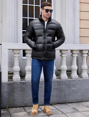Men's Winter Puffer Jacket - Waterproof Shiny Quilted Coat Warm Thicken Ski Parka Insulated Outerwear with Hood in Saudi Arabia