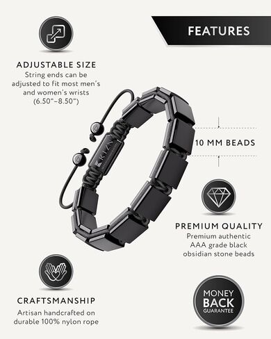 سوار RTZN® Black Obsidian للرجال - أساور مطرزة يدويًا من مجوهرات سبج سوداء أصلية للرجال - طول قابل للتعديل جمجمة وسوار عين الشر للنساء أو الرجال in Kuwait