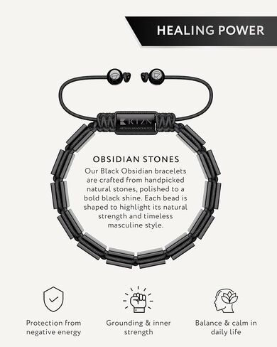 سوار RTZN® Black Obsidian للرجال - أساور مطرزة يدويًا من مجوهرات سبج سوداء أصلية للرجال - طول قابل للتعديل جمجمة وسوار عين الشر للنساء أو الرجال in Kuwait