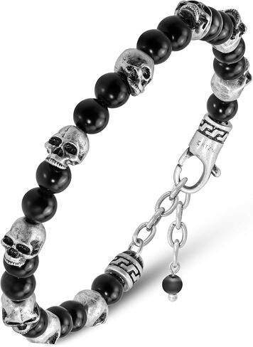 سوار RTZN® Black Obsidian للرجال - أساور مطرزة يدويًا من مجوهرات سبج سوداء أصلية للرجال - طول قابل للتعديل جمجمة وسوار عين الشر للنساء أو الرجال in Kuwait