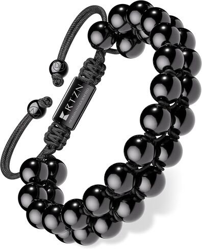 سوار RTZN® Black Obsidian للرجال - أساور مطرزة يدويًا من مجوهرات سبج سوداء أصلية للرجال - طول قابل للتعديل جمجمة وسوار عين الشر للنساء أو الرجال in Kuwait