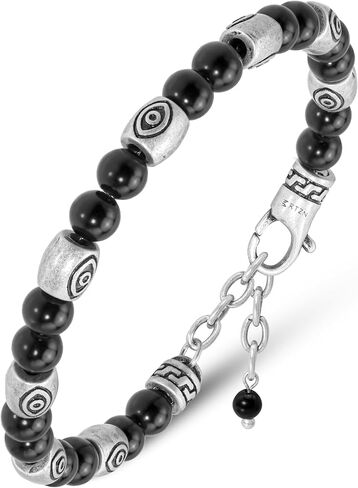 سوار RTZN® Black Obsidian للرجال - أساور مطرزة يدويًا من مجوهرات سبج سوداء أصلية للرجال - طول قابل للتعديل جمجمة وسوار عين الشر للنساء أو الرجال in Kuwait