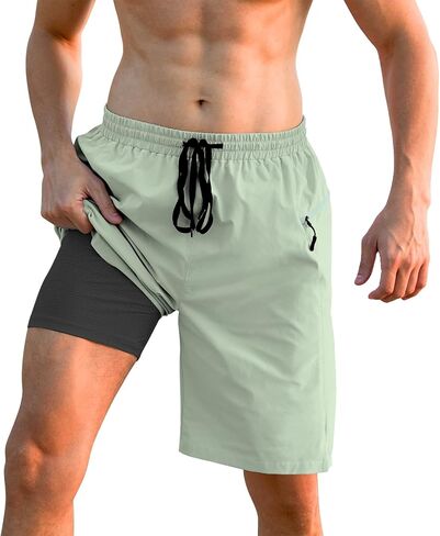 Cozople Mens Swim Trunks with Compression Liner 2-in-1 Quick Dry 9 Inch Board Shorts with Zipper Pockets in Saudi Arabia
