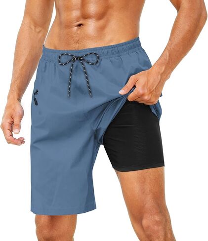 Cozople Mens Swim Trunks with Compression Liner 2-in-1 Quick Dry 9 Inch Board Shorts with Zipper Pockets in Saudi Arabia