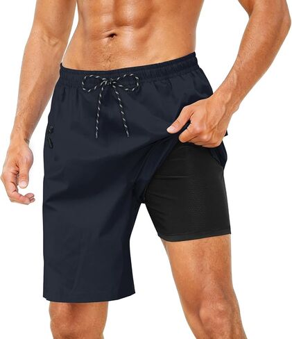 Cozople Mens Swim Trunks with Compression Liner 2-in-1 Quick Dry 9 Inch Board Shorts with Zipper Pockets in Saudi Arabia