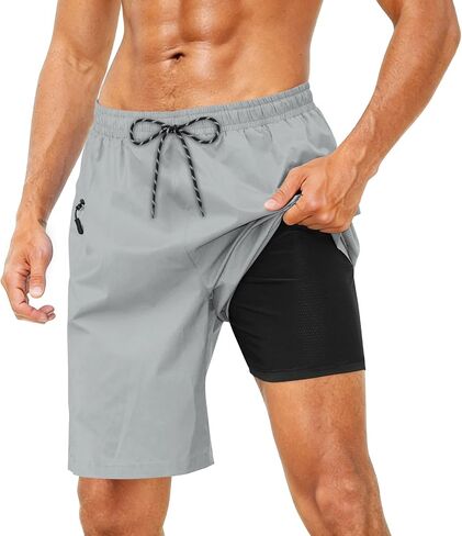 Cozople Mens Swim Trunks with Compression Liner 2-in-1 Quick Dry 9 Inch Board Shorts with Zipper Pockets in Saudi Arabia