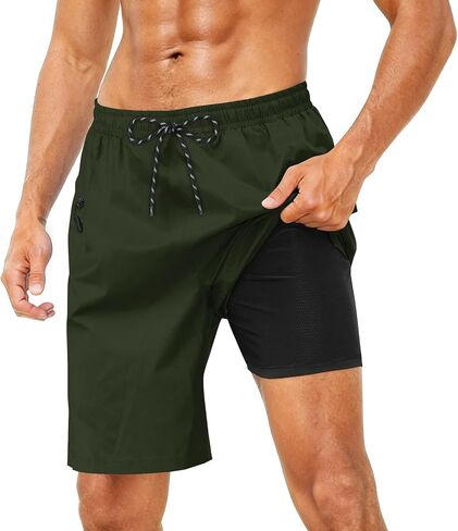 Cozople Mens Swim Trunks with Compression Liner 2-in-1 Quick Dry 9 Inch Board Shorts with Zipper Pockets in Saudi Arabia