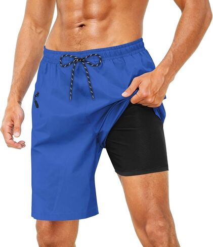 Cozople Mens Swim Trunks with Compression Liner 2-in-1 Quick Dry 9 Inch Board Shorts with Zipper Pockets in Saudi Arabia
