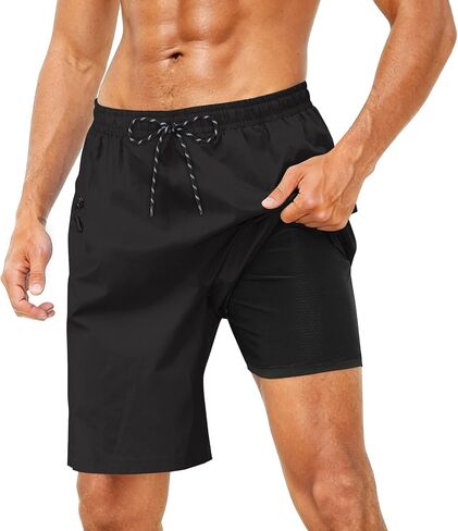 Cozople Mens Swim Trunks with Compression Liner 2-in-1 Quick Dry 9 Inch Board Shorts with Zipper Pockets in Saudi Arabia