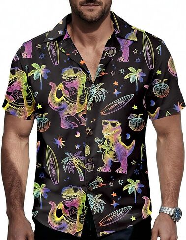 Zando Neon Shirts for Men - Funny Hawaiian Vibrant Tropical Print Button Down Rave Outfit Top for 80s Party Vacation Festival in Kuwait