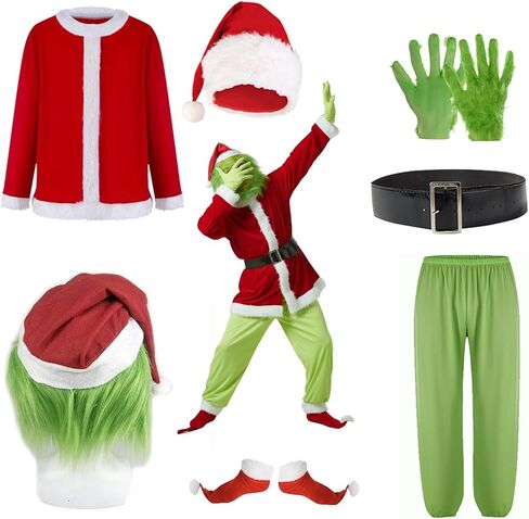 Green Santa Monster Adult Christmas Costume Set - 7PCS Santa Claus Outfit with Mask Included in Saudi Arabia