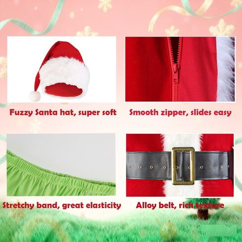 Green Santa Monster Adult Christmas Costume Set - 7PCS Santa Claus Outfit with Mask Included in Saudi Arabia
