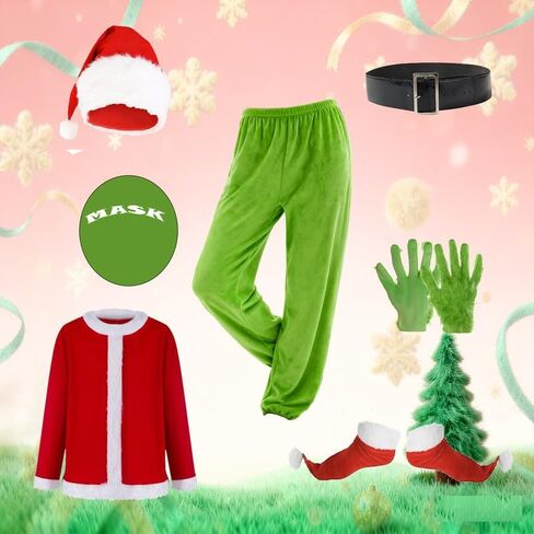 Green Santa Monster Adult Christmas Costume Set - 7PCS Santa Claus Outfit with Mask Included in Saudi Arabia