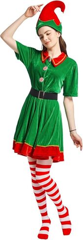 Elf Dress for Women Costume,Holiday Hat, Red Striped Stockings, Rubber Band Belt 4-Piece Set (Sizes: S, M, L, XL) in Saudi Arabia