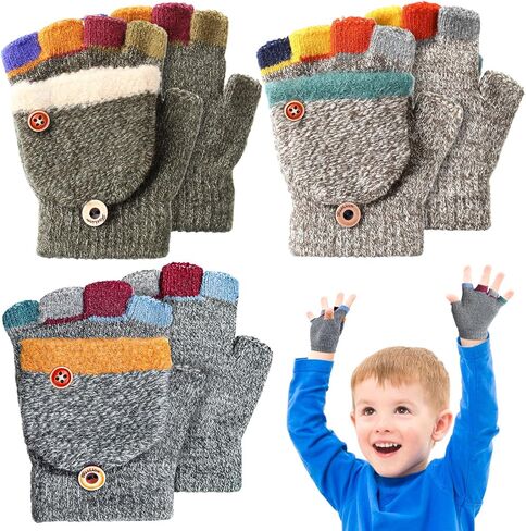 Handepo 3 Pairs Kids Winter Fingerless Gloves Convertible Mittens Glove Toddler Flip Top Knitted Warm Glove for Boy and Girl 2-6 Years in Kuwait
