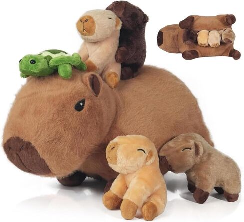 5 Pcs Capybara Plush Pillow Toys, 14.2“ Mommy Capybara Stuffed Animals with Turtle and 4 Cute Babies, Soft Stuffed Capybara Plushie Capybara Toys Gifts for Kids Birthday Christmas in Kuwait