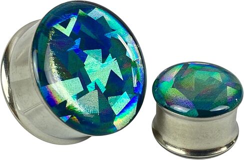 Mystic Metals Body Jewelry Pair of Aqua Prism Holographic Color Shift Double Flare Resin Plugs (MTO-068) in Saudi Arabia