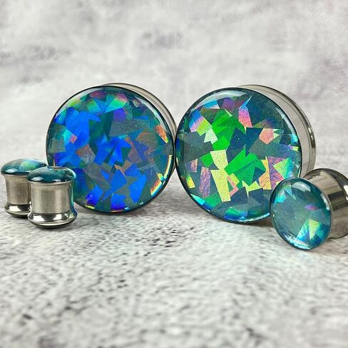 Mystic Metals Body Jewelry Pair of Aqua Prism Holographic Color Shift Double Flare Resin Plugs (MTO-068) in Saudi Arabia