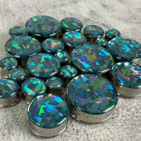 Mystic Metals Body Jewelry Pair of Aqua Prism Holographic Color Shift Double Flare Resin Plugs (MTO-068) in Saudi Arabia