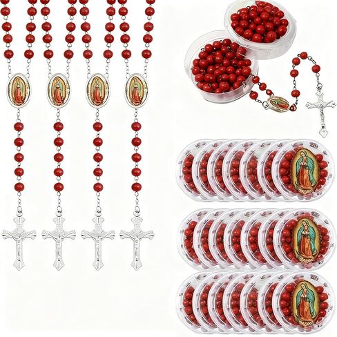 48 PCS قلادة مسبحة معطرة مع مربع هدايا - الوردية الخشبية مع الصلب للنساء والرجال ، بالتواصل الأول ، المعمودية ، الحزب تفضل in Kuwait