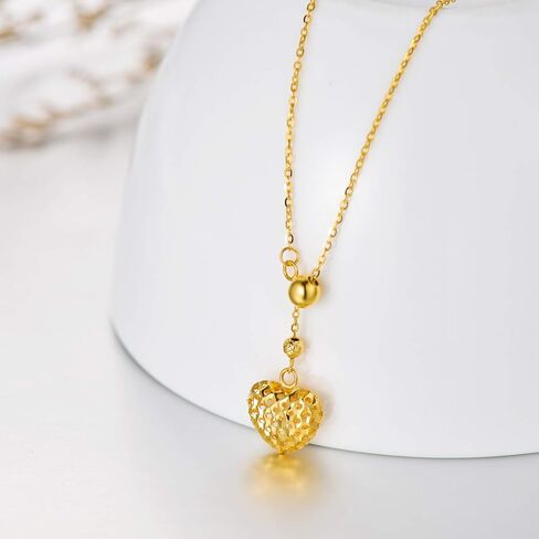 18K Real Gold Heart Necklace with Free Sliding Adjustable Bead, Yellow Gold Y-chain Hollowed-Out Heart Necklace Christmas Birthday Love Jewelry Gift for Women, Wife, Mom 18" in Saudi Arabia