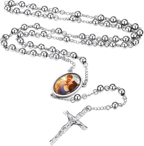 Custom4U Personalized Rosary with Picture Custom Rosary Beads Catholic Necklace for Women Men Miraculous Medal Crucifix Cross Y Necklace Stainless Steel Chain Rosary Prayer Gifts (with Gift Box) in Saudi Arabia