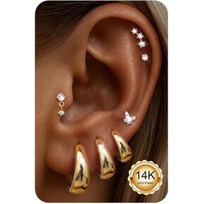 مجموعة أقراط ذهبية مضادة للحساسية من ADRAMATA للنساء - 7 أزواج من الفولاذ الجراحي، أطواق هوجي صغيرة مكتنزة وأقراط مسطحة الظهر مجموعة مجوهرات الغضروف الفضية هدايا عيد الميلاد العصرية in Kuwait