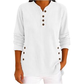 Women's Corduroy Long Sleeve Shirts Casual Button Down V Neck Henley Tops Fashion Ribbed Knit Loose Pullover Sweaters in Saudi Arabia