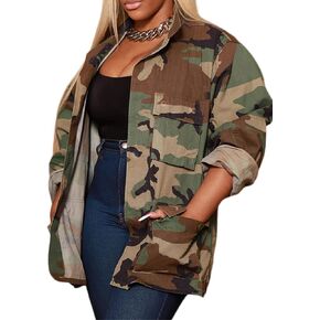 Camo Jacket for Women Long Sleeve Button Down Army Fatigue Camouflage Denim Outwear Coat with Pockets in Saudi Arabia