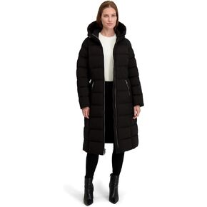 Laundry by Shelli Segal womens Stretch Maxi Puffer Jacket– Long Winter Coat, Pu Trim, Side Zippers, Attached Hood in Kuwait