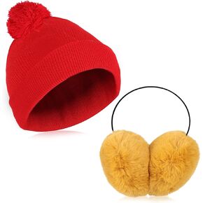 2 Pcs Adult Knit Beanie Unisex Ear Muffs Set, Winter Christmas Red Warm Knit Hat and Yellow Ear Warmers Faux Fur Ear Covers Headband for Party Outdoor Skiing Skating Christmas Gifts in Kuwait