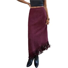 SOLY HUX Women's Fringe Trim Suede Skirts Western Vintage Party Asymmetrical Maxi Skirt in Kuwait