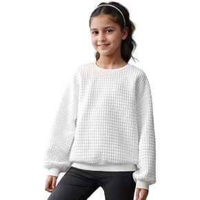 Girl Crewneck Sweatshirt Solid White Long Sleeve Pullover Tops Casual Shirts Fall Winter Clothes for 8-12 Y in Kuwait
