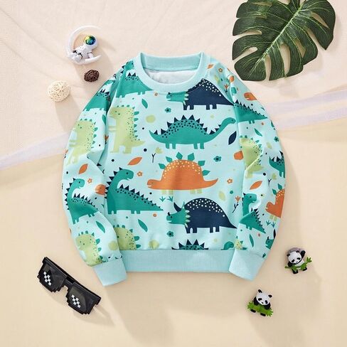 Boys' Dinosaur Graphic Sweatshirt, Long Sleeve Crewneck Pullover,Soft Cotton Top for 3-8 Years in Saudi Arabia