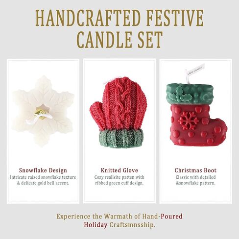 3 Pcs Christmas Snowflake Candles for Table Decorations, Premium Natural Christmas Snow Stocking Glove Shaped Taper Candles with Cotton Wick for Xmas Holiday Party Supplies in Saudi Arabia