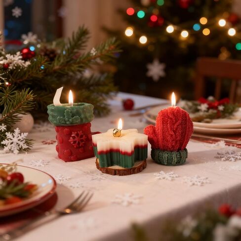 3 Pcs Christmas Snowflake Candles for Table Decorations, Premium Natural Christmas Snow Stocking Glove Shaped Taper Candles with Cotton Wick for Xmas Holiday Party Supplies in Saudi Arabia
