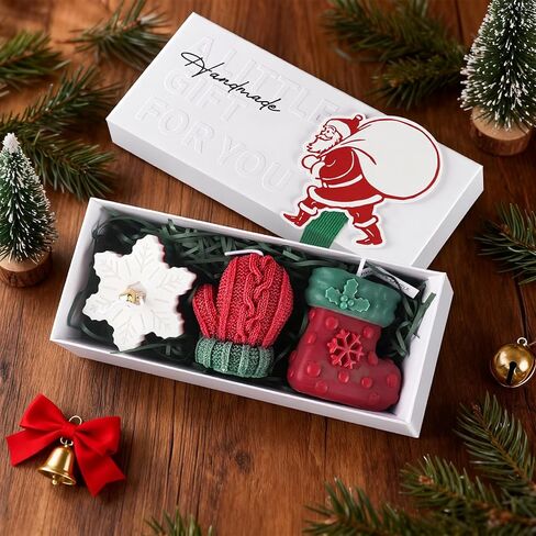 3 Pcs Christmas Snowflake Candles for Table Decorations, Premium Natural Christmas Snow Stocking Glove Shaped Taper Candles with Cotton Wick for Xmas Holiday Party Supplies in Saudi Arabia