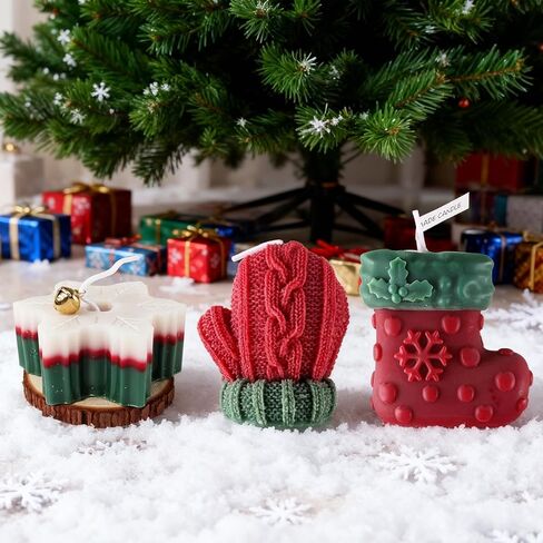 3 Pcs Christmas Snowflake Candles for Table Decorations, Premium Natural Christmas Snow Stocking Glove Shaped Taper Candles with Cotton Wick for Xmas Holiday Party Supplies in Saudi Arabia