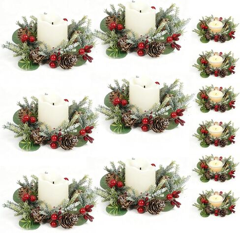 6 Pcs Christmas Candle Rings with Plastic Candles and Cups, Mini Wreaths with Red Berry Pinecone for Cabinets Table Centerpieces Decorations,Christmas Napkin Ring(6, Red-1) in Saudi Arabia