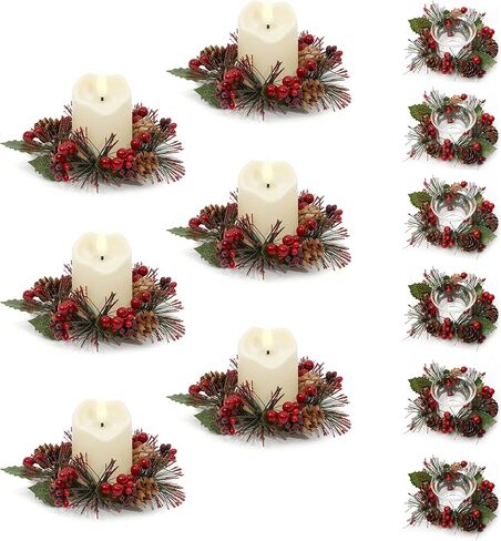 6 Pcs Christmas Candle Rings with Plastic Candles and Cups, Mini Wreaths with Red Berry Pinecone for Cabinets Table Centerpieces Decorations,Christmas Napkin Ring(6, Red-1) in Saudi Arabia