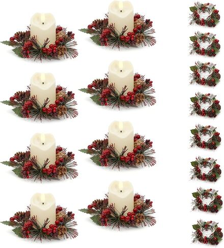 6 Pcs Christmas Candle Rings with Plastic Candles and Cups, Mini Wreaths with Red Berry Pinecone for Cabinets Table Centerpieces Decorations,Christmas Napkin Ring(6, Red-1) in Saudi Arabia