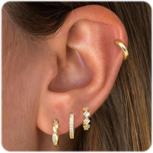 THUNARAZ Small Gold Hoop Earrings for Women Hypoallergenic 14k Gold Plated Huggie Hoop Earrings Set for Multiple Piercings Trendy Twisted Cute Cartilage Hoops Earring Stacks Jewelry Gifts in Saudi Arabia
