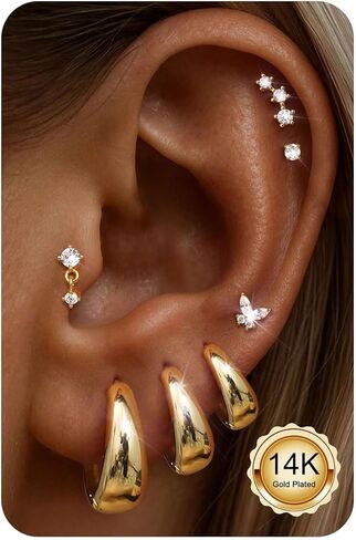 مجموعة أقراط ذهبية مضادة للحساسية من ADRAMATA للنساء - 7 أزواج من الفولاذ الجراحي، أطواق هوجي صغيرة مكتنزة وأقراط مسطحة الظهر مجموعة مجوهرات الغضروف الفضية هدايا عيد الميلاد العصرية in Kuwait