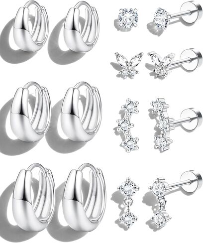 ADRAMATA Hypoallergenic Gold Earrings Stack for Women - 7Pairs Surgical Steel Small Chunky Huggie Hoops & Flat Back Stud Earrings Set Silver Cartilage Jewelry Trendy Christmas Stocking Stuffer Gifts in Saudi Arabia