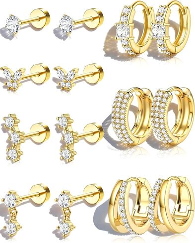 ADRAMATA Hypoallergenic Gold Earrings Stack for Women - 7Pairs Surgical Steel Small Chunky Huggie Hoops & Flat Back Stud Earrings Set Silver Cartilage Jewelry Trendy Christmas Stocking Stuffer Gifts in Saudi Arabia