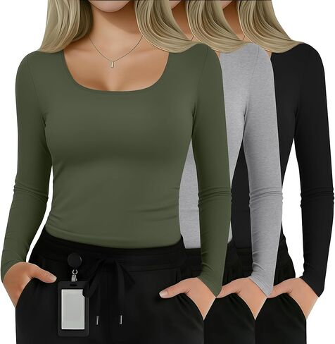 3 Pack Women's Plus Size Under Scrubs Long Sleeve Scoop Neck Knit Shirts Slim Fit Soft Comfy Nurse Base Layer in Saudi Arabia