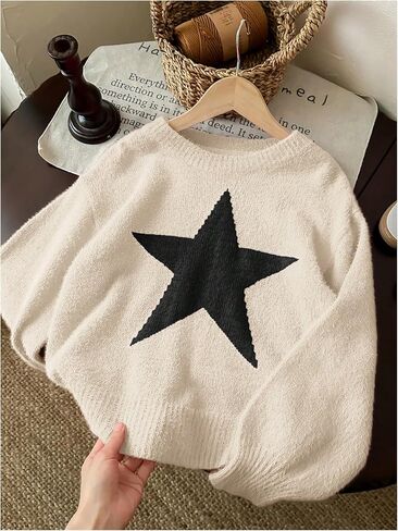 MakeMeChic Girl's Star Print Crew Neck Sweater Long Sleeve Knitted Cute Pullover Tops in Saudi Arabia