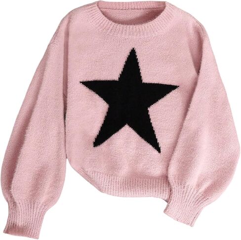 MakeMeChic Girl's Star Print Crew Neck Sweater Long Sleeve Knitted Cute Pullover Tops in Saudi Arabia