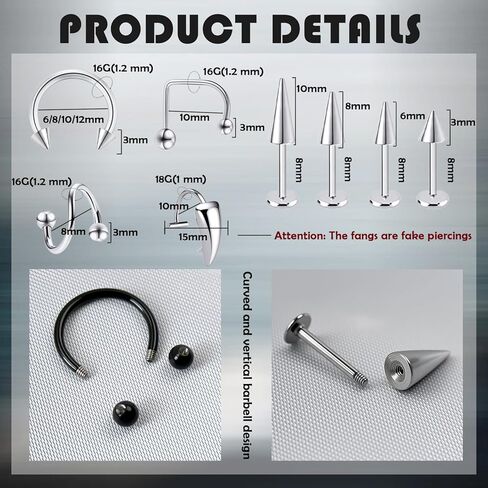 Lip Rings 16G Snake Bite Piercing Labret Jewelry Monroe Lip Barbell Ring Spike Nose Stud Spiral Piercing Vampire Fangs Lip Cuff Stainless Steel Vertical Helix Jewelry for Women Men in Saudi Arabia